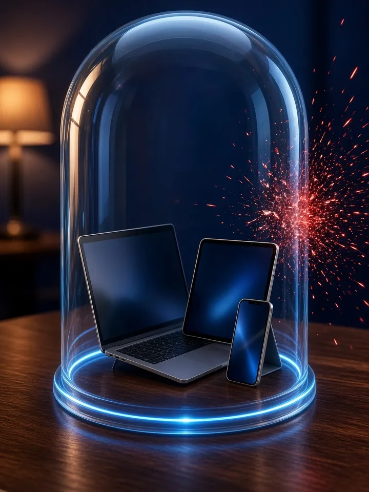 Illustration: a laptop, a tablet and a phone together under one glass dome that stops incoming threats