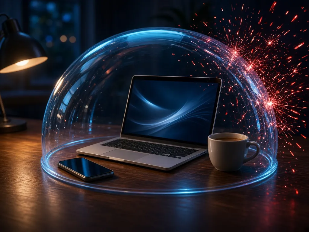 A laptop, a phone and a coffee cup on a desk under a glowing glass dome that stops red threat particles