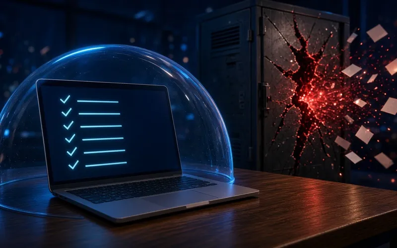 Illustration: a cracked data cabinet leaking records behind a laptop that shows a checklist under a protective dome