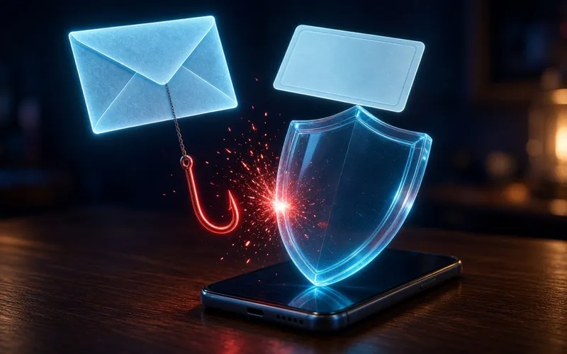 Illustration: an envelope dangling a fishing hook toward a phone, blocked by a glass shield