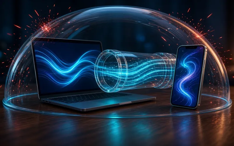 Illustration: a laptop and a phone joined by a glowing encrypted tunnel, both under one protective glass dome