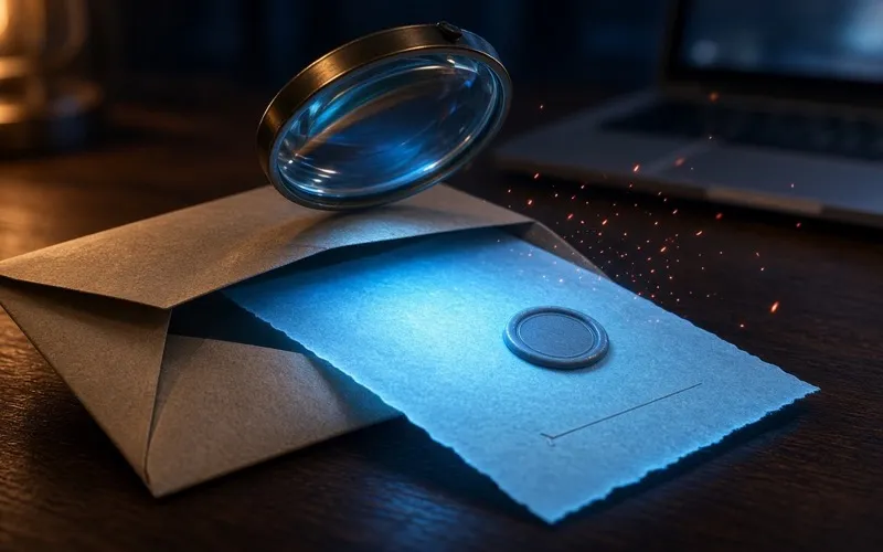 Illustration: an open envelope with a glowing document inside, inspected through a glass magnifying lens