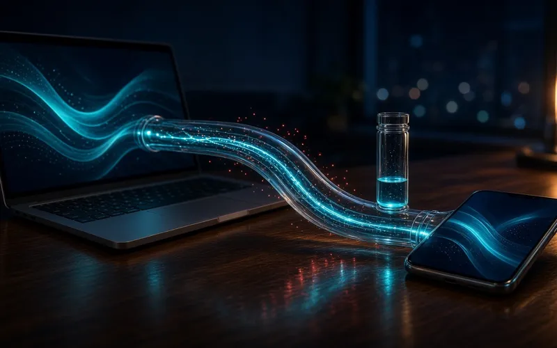 Illustration: a laptop and a phone joined by a glowing encrypted tunnel, next to a nearly empty glass gauge suggesting a data allowance