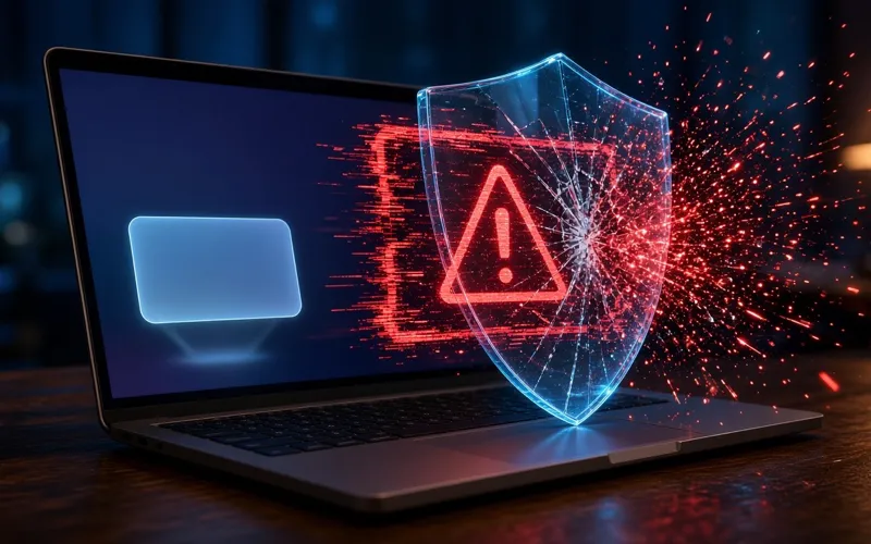 Illustration: a laptop showing a calm genuine notification next to an aggressive red fake warning window, with a glass shield in between