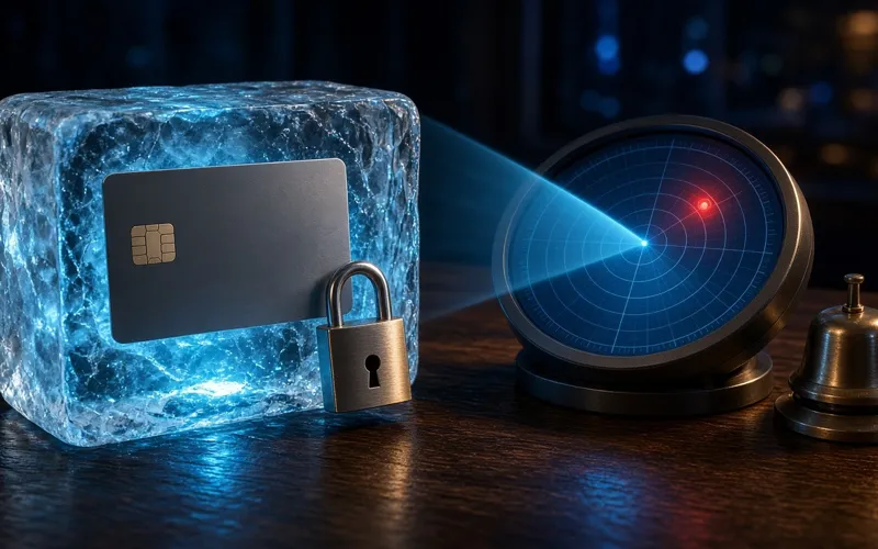 Illustration: a payment card frozen in a block of ice with a padlock, next to a monitoring radar with an alert bell