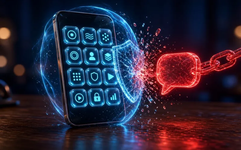 Illustration: a smartphone with each app sealed in its own compartment, shattering a phishing message and a chain of suspicious links