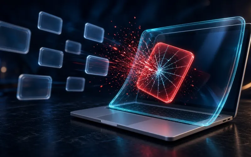 Illustration: a laptop's built-in protective layer cracking one red, suspicious app installer among several
