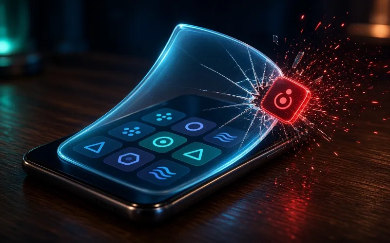 Illustration: a smartphone's shield cracking a red app arriving from outside the official store