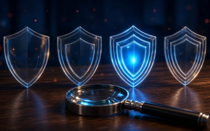 Illustration: four different glass shields lined up for comparison, with a magnifying glass in front