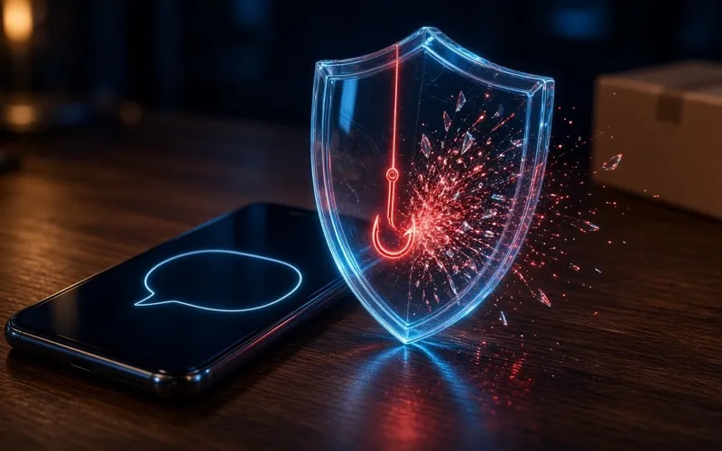 Illustration: a phone showing a delivery text with a glowing hook-shaped link, caught behind a glass shield