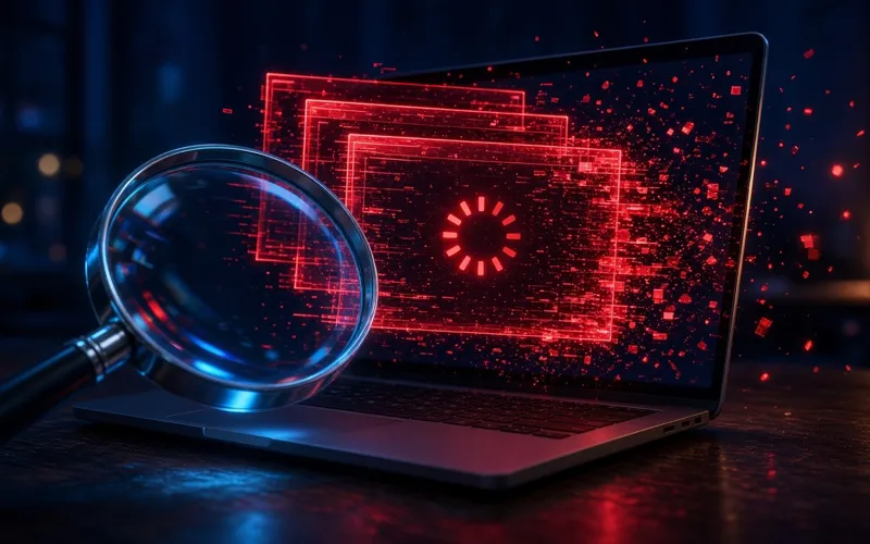 Illustration: a magnifying glass over a laptop flooded with red pop-ups and a spinning loader