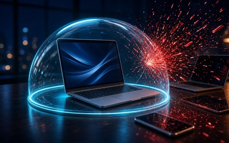 Illustration: a laptop under a glowing glass dome that deflects red threat particles, while a phone, a tablet and another laptop sit unprotected outside it