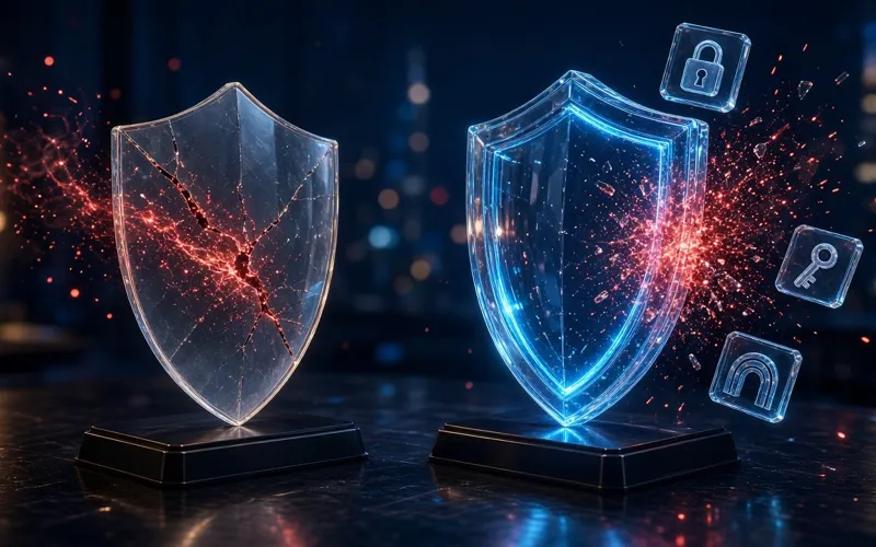 Illustration: a cracked basic shield letting threats through, next to a layered shield with extra features that stops them
