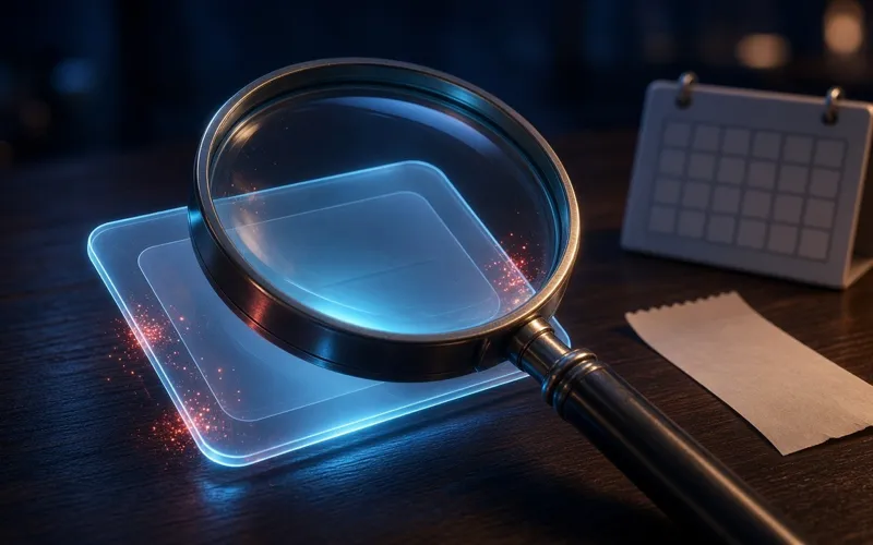 Illustration: a magnifying glass inspecting a glowing app card, next to a calendar and a receipt