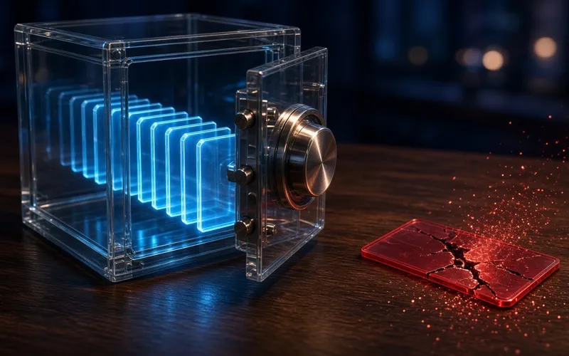 Illustration: key cards stored in a glass vault, with one cracked red key left outside