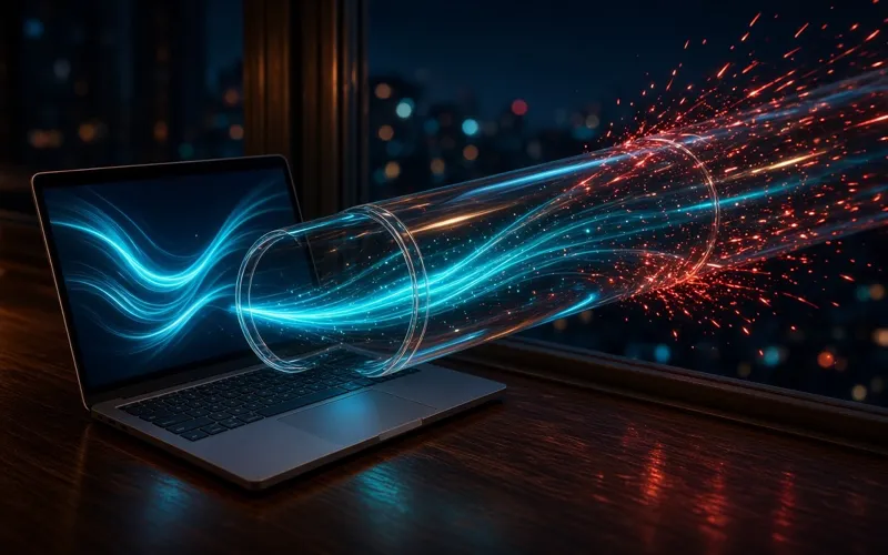 Illustration: a laptop sending data through a sealed glass tunnel out of a window, with threats bouncing off the tunnel