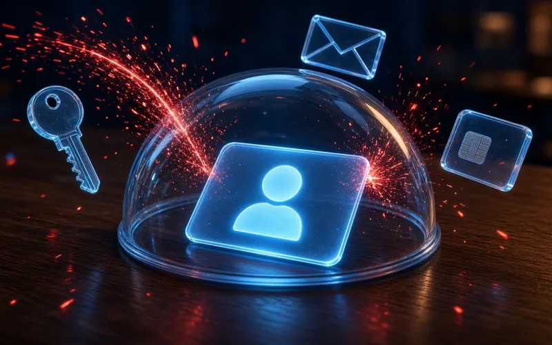 Illustration: an identity card under a glass dome, surrounded by a key, an envelope and a payment card, with threats breaking against the dome