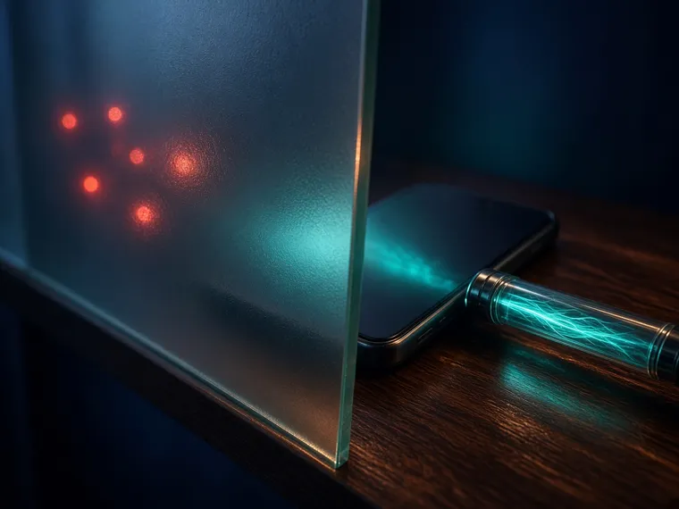 Illustration: a phone's data flowing through a sealed tube behind frosted glass, hidden from red points of light trying to look in