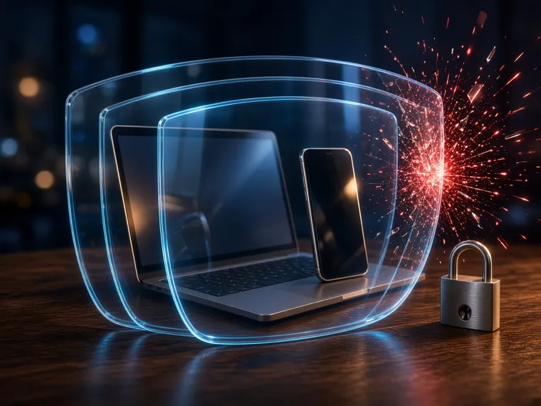 Illustration: a laptop and a phone inside layered glass shields that stop red threat particles, with a padlock beside them