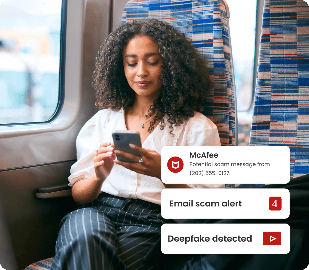A person reading McAfee mobile alerts for a potential scam message, an email scam and a detected deepfake
