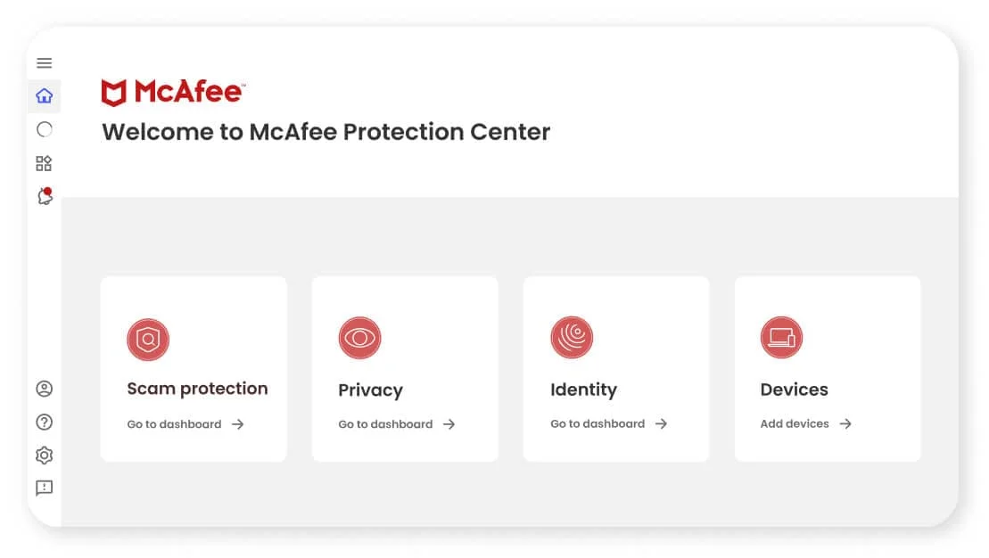 McAfee Protection Center home screen with Scam protection, Privacy, Identity and Devices sections